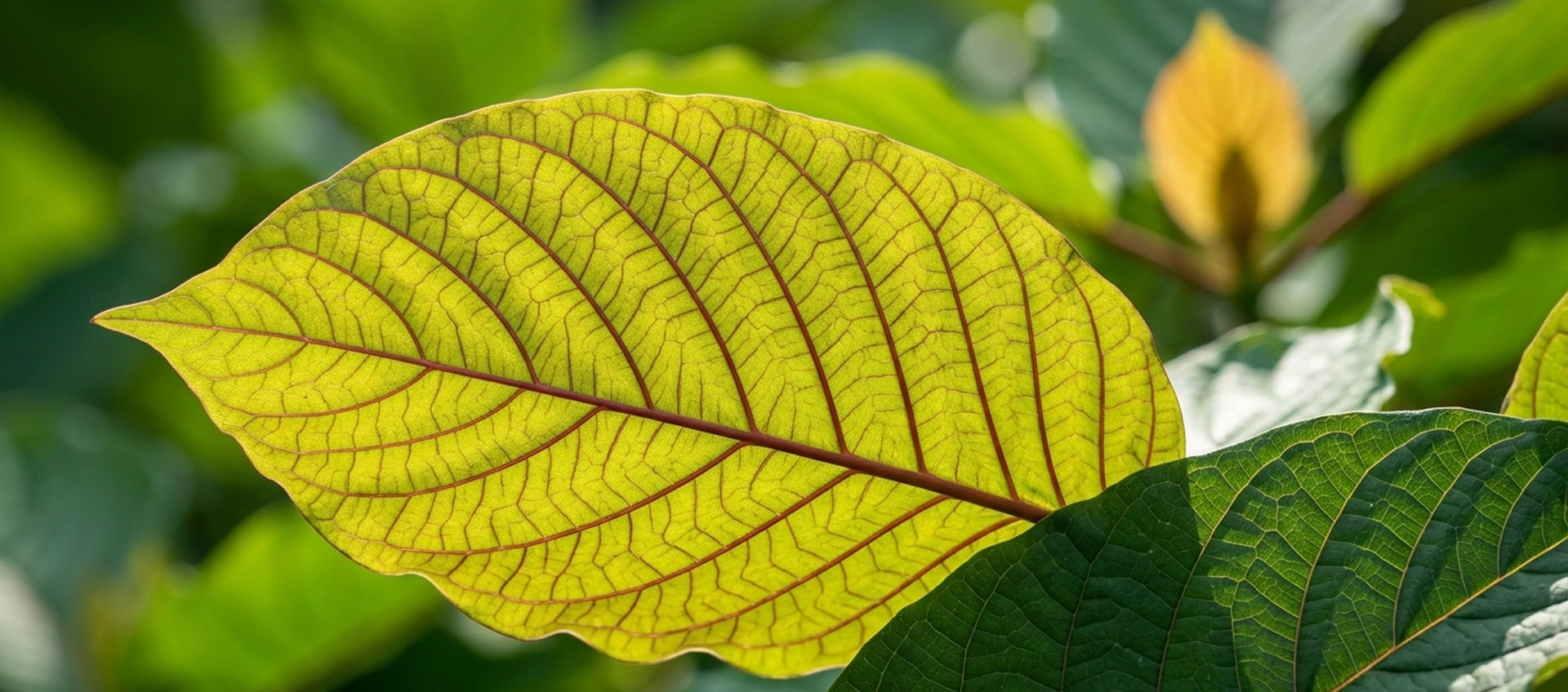 Close-up of a young kratom leaf showing translucent veins