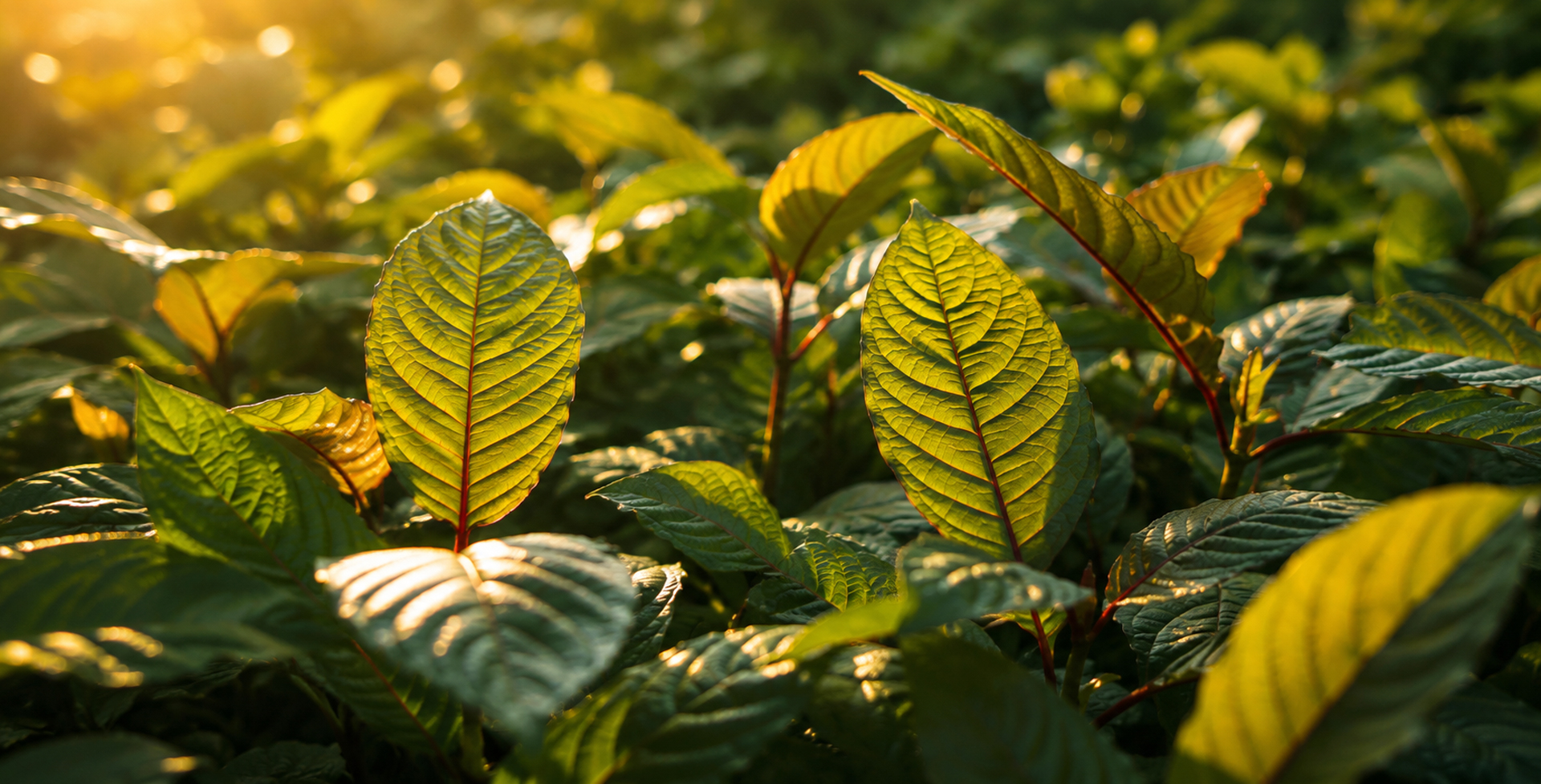 Sunlit kratom leaves with golden backlight