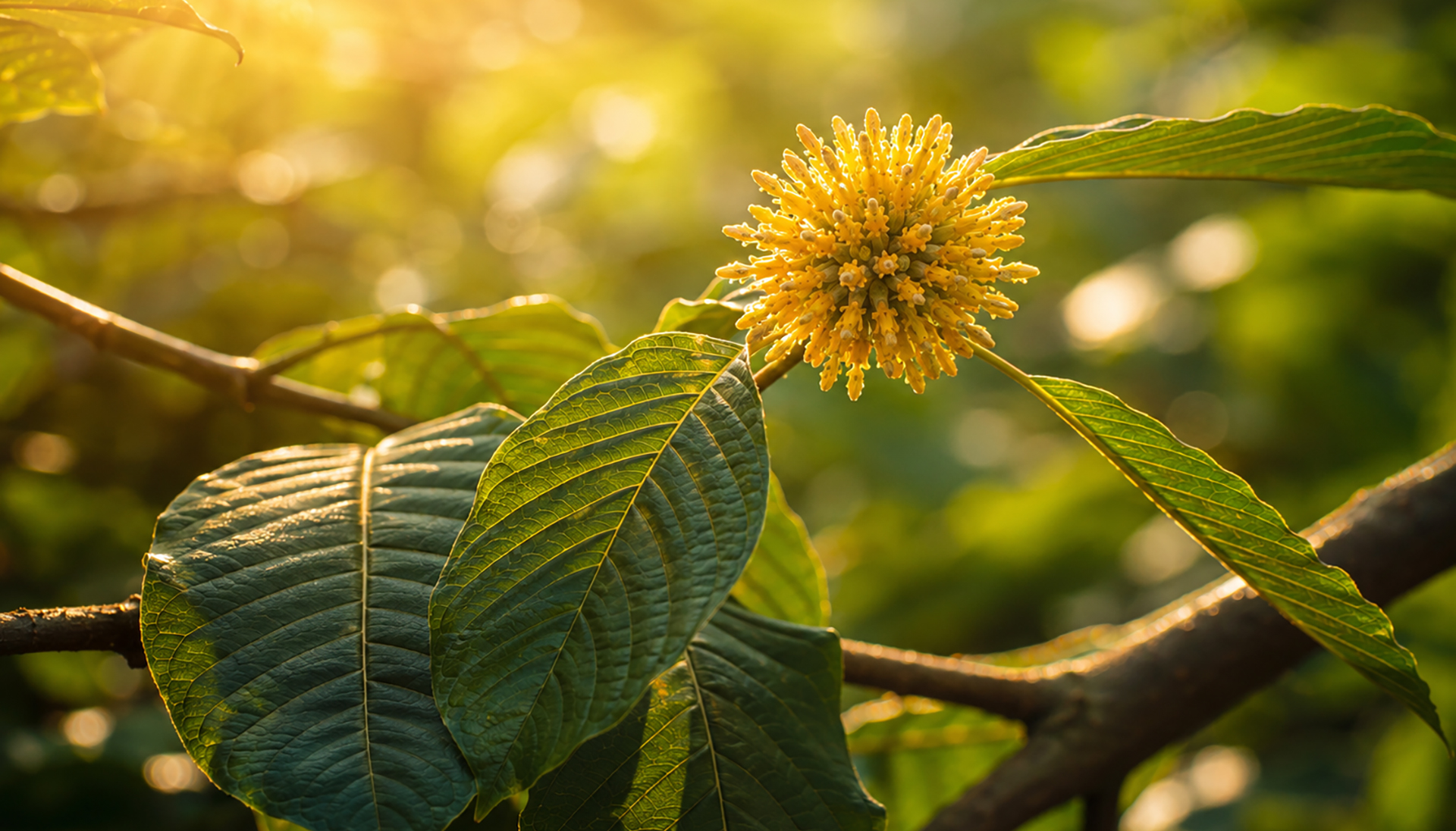 Close-up of kratom flower and leaves in sunlight